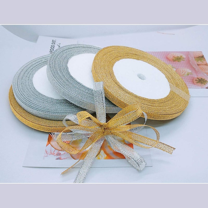 Oubaka 4 Roll Glitter Metallic Ribbon Gold Silver Glitter Ribbon for Gift Crafters Wedding Party Birthday Wrap Hair Bows Floral Projects Wrapping Decorations DIY Crafts Arts(1/4inx22m) - Image 1